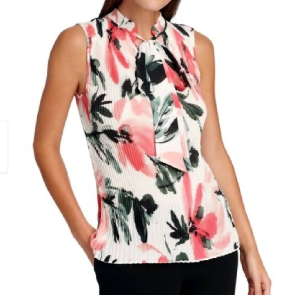 DKNY Womens Blouse White Size XL Pleated Tie-Neck